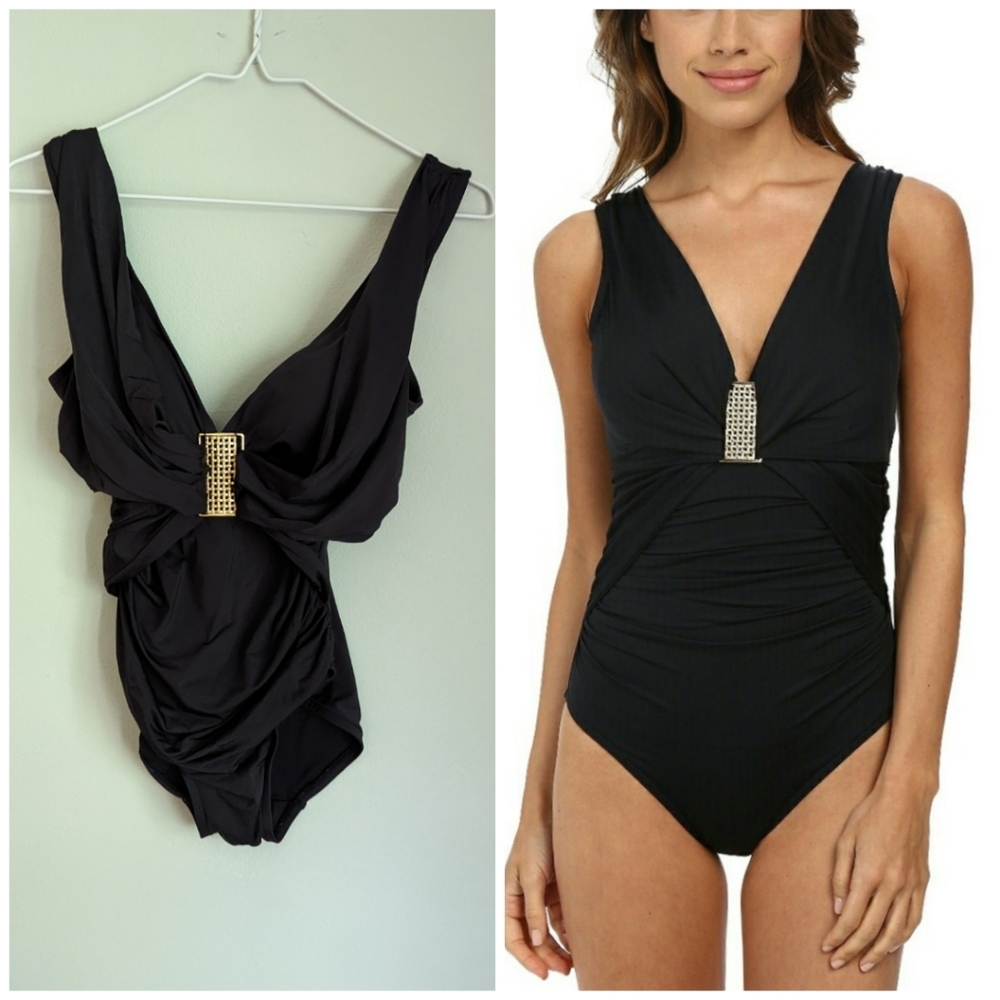 Badgley Mischka Black Victoria Mio One Piece Swimsuit Size 4 Gold Hardware